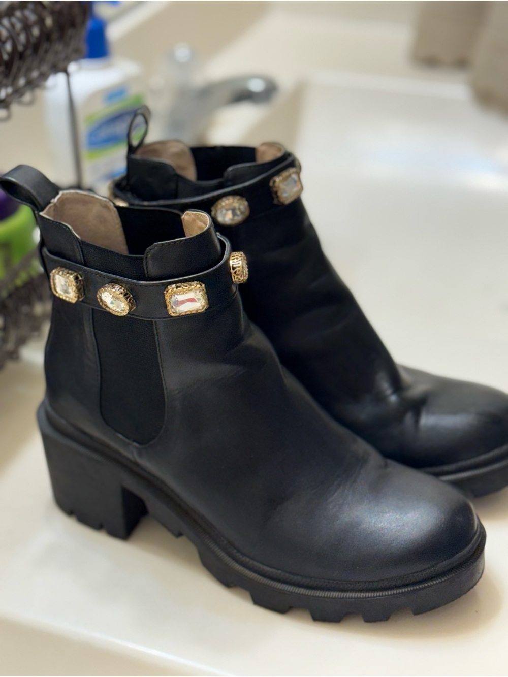 Steve Madden Black Jewel-Trim Platform Chelsea Booties